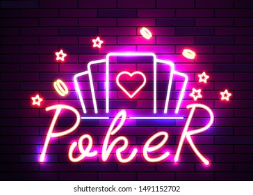 Casino poker signs. Neon logos slot machine gambling emblem, the bright banner neon casino for your projects. Night light billboard, design element. Vector illustration