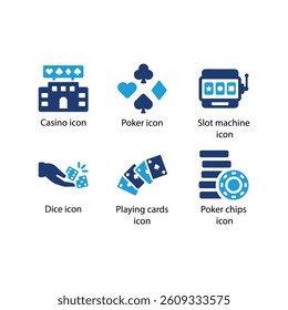 Casino, Poker, Slot machine, Dice, Playing cards, Poker chips, Blue Icon Set