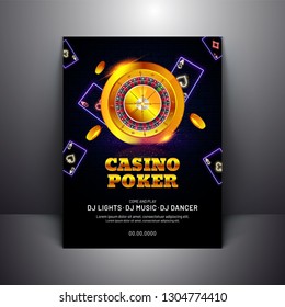 Casino Poker template or flyer design with golden roulette wheel and other casino elements illustration on black background.
