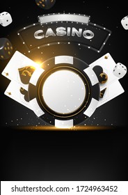 Casino poker tournament banner. Gold text with a playing chip and cards. Royal flush poker combination. Vector illustration