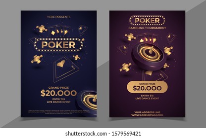 Casino poker tournament invitation design. Gold text with playing chip and cards. Poker party a4 flyer template. Applicable for promotion poster, banner. Vector illustration.