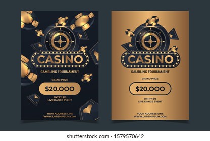 Casino poker tournament invitation design. Gold text with playing chip and cards. Poker party a4 flyer template. Applicable for promotion poster, banner. Vector illustration.