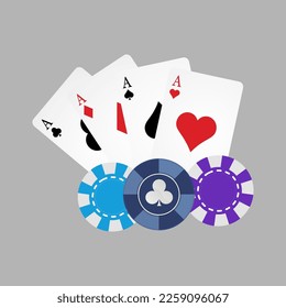 Casino poker vector icon, Vegas tournament banner, playing ace card, gambling chips flying. Online blackjack luck illustration.isolate gray background.