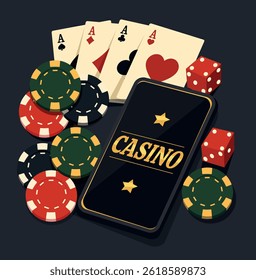 Casino and poker. Vector illustration with golden casino text, phone, different chips, dice, cards. Ideal for casino, roulette, slots projects on dark background