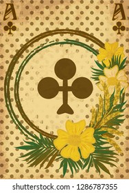 Casino poker vintage clubs card with flowers and wheats, vector illustration