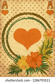 Casino poker vintage hearts card with flowers and wheats, vector illustration
