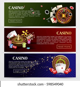 Casino poker web banners templates. Design of gambling dice, roulette game chips and playing cards aces, golden horseshoe symbol. Vector set of gold royal crown and jackpot lucky numbers