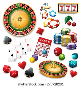 Casino popular gambling online games symbols composition poster with roulette cards deck and bingo abstract vector illustration