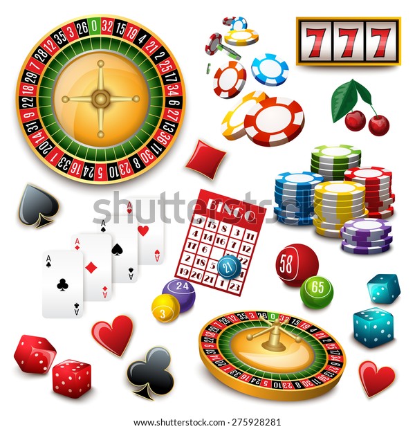 Casino popular gambling online games symbols\
composition poster with roulette cards deck and bingo abstract\
vector illustration