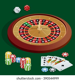 Casino popular gambling. Poker. Game of fortune. Icons set illustration. Excitement temptation win game. Roulette cards deck and bingo. Realistic slot cards dice and chips. Banner, flyer, card.