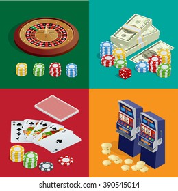 Casino popular gambling. Poker. Game of fortune. Icons set illustration. Excitement temptation win game. Roulette cards deck and bingo. Realistic slot cards dice and chips. Banner, flyer, card.