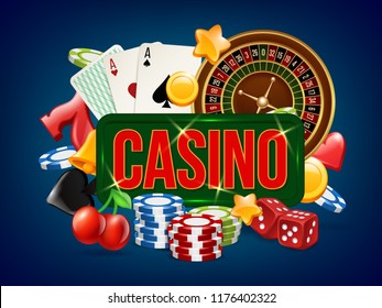 Casino poster. Advertising of poker dice bowling gambling domino and others casino games vector placard template. Dice game, poker play, luck gamble roulette illustration
