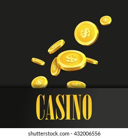 Casino Poster Background or Flyer with Flying Golden Money Coins. Vector Template. Casino Banner. Casino Games Gambling Template background.