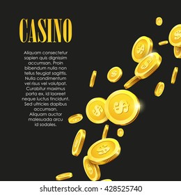 Casino Poster Background or Flyer with Golden Money Coins. Vector Template. Casino Banner. Casino Games Gambling Template background.