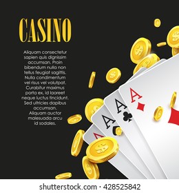 Casino poster or banner background or flyer template. Poker invitation with Playing Cards and Flying Golden coins. Game design. Vector illustration. Four Aces Combination.