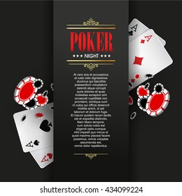 Casino poster or banner background or flyer template. Poker invitation with Playing Cards and Flying poker chips. Game design. Vector illustration. Four Aces Combination.