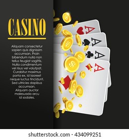 Casino poster or banner background or flyer template. Poker invitation with Playing Cards and Flying Golden coins. Game design. Playing casino games. Vector illustration. Four Aces Combination.