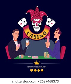Casino poster. cards gambling players. vector placard template with place for text