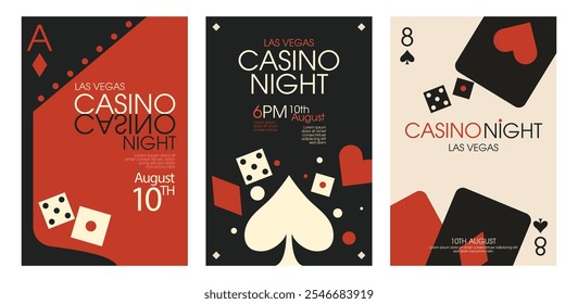 Afiche de casino cinematográfico con rojo y negro, lujo y royale tema elegante apuesta de alta sociedad y dados, noche de juego abstracto