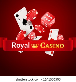 Casino poster design template. Dice and poker cards chips background. Gambling illustration.