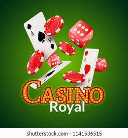 Casino poster design template. Dice and poker cards chips background. Gambling illustration.