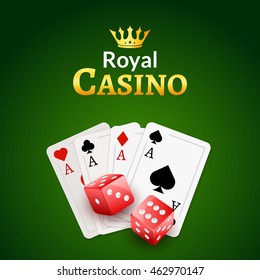 Casino poster design template. Dice and poker cards background. Gambling illustration.