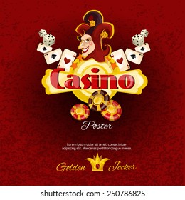 Casino poster with dice chips cards and smiling jocker face vector illustration