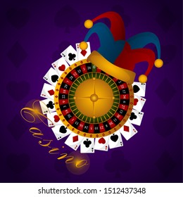 Casino poster with a joker hat, roulette and playing cards - Vector