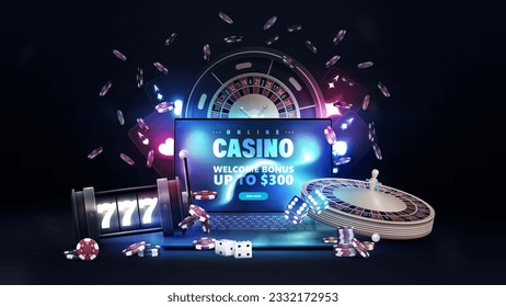 Casino poster with laptop, slot machine, neon playing cards, roulette, dice and poker chips on dark background