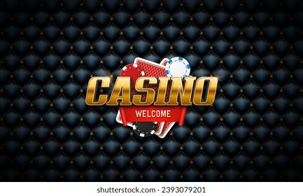 Casino poster with playing cards, chips and red ribbon. Vector illustration.