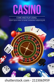 Casino poster. Promotional ads placard with gambling roulette dice and gaming circle colored coins decent vector flyer with place for text