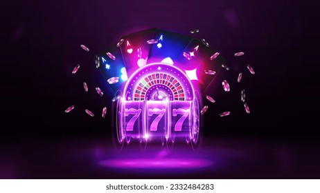 Casino poster with purple neon casino roulette, neon slot machine, neon playing cards and poker chips on dark background