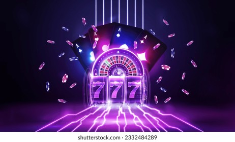 Casino poster with purple neon casino roulette, neon slot machine, neon playing cards and poker chips on dark background. Casino software concept