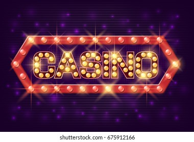 Casino poster vintage style. Casino banner with glowing lamps for online casino, poker, roulette, slot machines, card games. Vector illustrator.