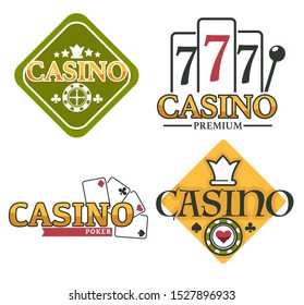 Casino premium logo. Cards with clubs, hearts and spade. Lucky seven on slot machine. Online poker games, gambling website banner, ad. Colourful isolated flat vector illustrations, white background.