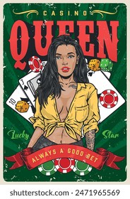 Casino queen colorful vintage sticker of woman making bets in gambling near poker cards and dice or chips vector illustration