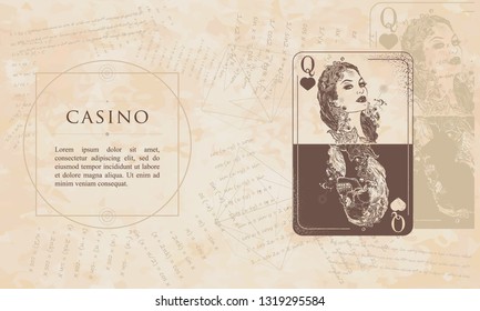 Casino. Queen playing card. Renaissance background. Medieval manuscript, engraving art 