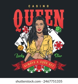 Casino queen vintage sticker colorful with attractive woman inviting to try luck in poker or gambling vector illustration