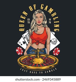 Casino queen vintage sticker colorful with roulette table and gambling cards near beautiful woman with blond hair vector illustration