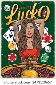 Casino queen vintage sticker colorful with lady playing roulette wishing great luck in pursuit of jackpot vector illustration