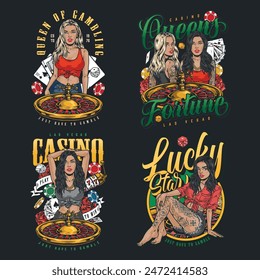 Casino queens colorful set posters with girls near roulette tables and playing cards or chips vector illustration