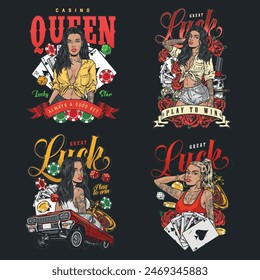 Casino queens colorful set stickers with women inviting you to try your luck for gambling advertising in magazines vector illustration