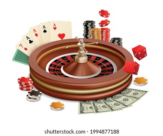 Casino realistic composition with roulette wheel chips dollar banknotes playing cards and dices vector illustration