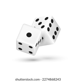 Casino realistic dice isolated 3d  vector illustration for gambling games design,  poker, tabletop or board games. White cubes with random numbers of black dots or pips and rounded edges