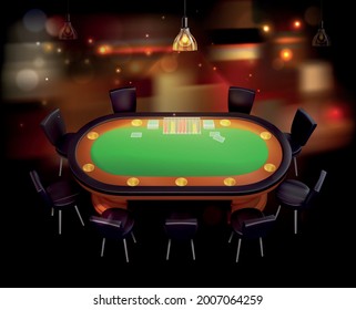 Casino realistic poster with decks of playing cards on classic green poker table illuminated by lampshade vector illustration