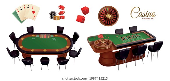 Casino realistic set of poker or black jack and roulette tables chips cards and dices isolated vector illustration