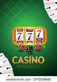 Casino realistic vector illustration of slot machine and dice with playing cards