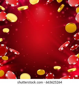 Casino red background fly ?oins and chips. Vector illustration