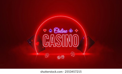 Casino red banner with neon 3D dice, realistic casino chips and cards in red scene. Neon glowing ring on bright red background. Vector Illustration