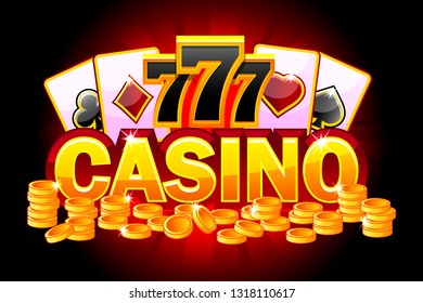 Casino red banner. Symbols poker, 777, Playing Cards and money. Vector illustration for casino, slots, roulette and game UI. Objects on a separate layer